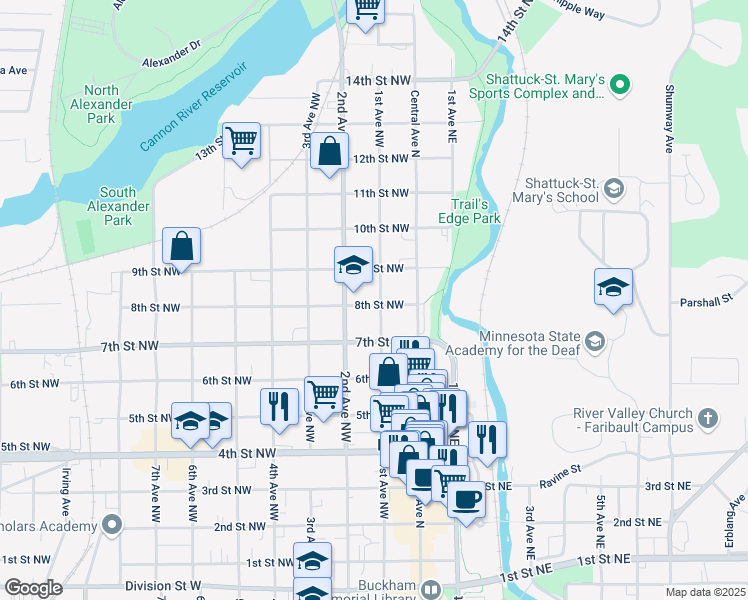 map of restaurants, bars, coffee shops, grocery stores, and more near 26 8th Street Northwest in Faribault