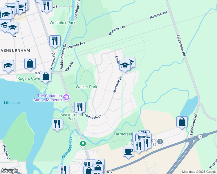 map of restaurants, bars, coffee shops, grocery stores, and more near 2076 Meadowview Road in Peterborough