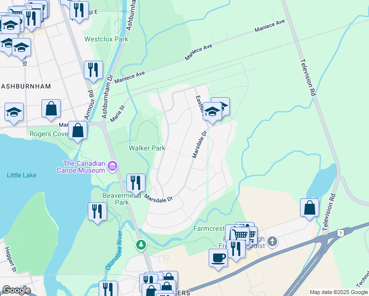 map of restaurants, bars, coffee shops, grocery stores, and more near 2076 Meadowview Road in Peterborough
