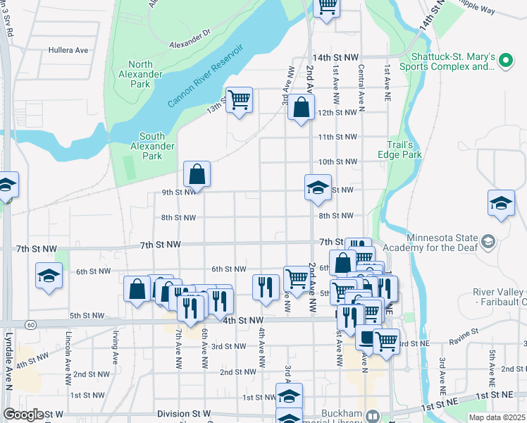 map of restaurants, bars, coffee shops, grocery stores, and more near 328 8th Street Northwest in Faribault