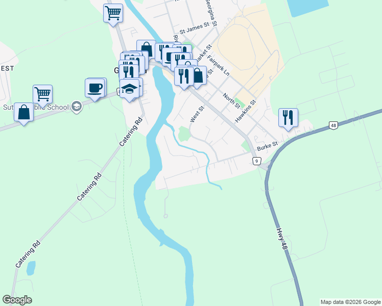 map of restaurants, bars, coffee shops, grocery stores, and more near 17 Garrett Drive in Georgina
