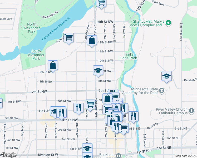 map of restaurants, bars, coffee shops, grocery stores, and more near 126 8th Street Northwest in Faribault