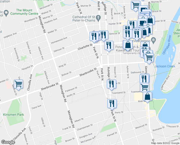 map of restaurants, bars, coffee shops, grocery stores, and more near 491 Sherbrooke Street in Peterborough