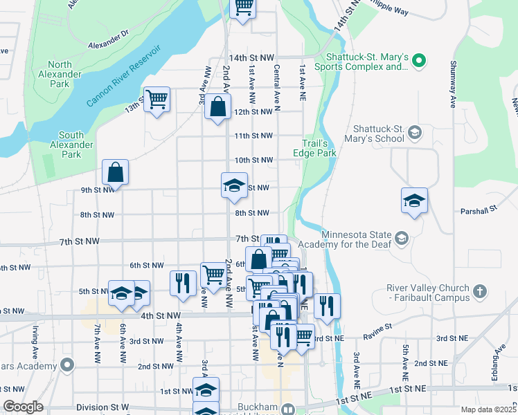 map of restaurants, bars, coffee shops, grocery stores, and more near 26 8th Street Northwest in Faribault
