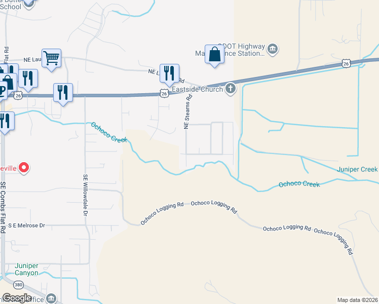 map of restaurants, bars, coffee shops, grocery stores, and more near 472 Southeast Stearns Road in Prineville