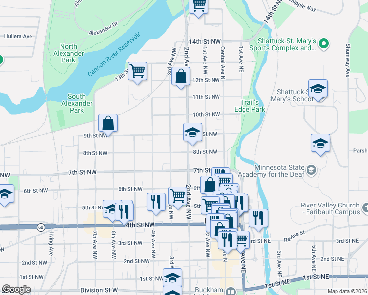 map of restaurants, bars, coffee shops, grocery stores, and more near 804 2nd Avenue Northwest in Faribault