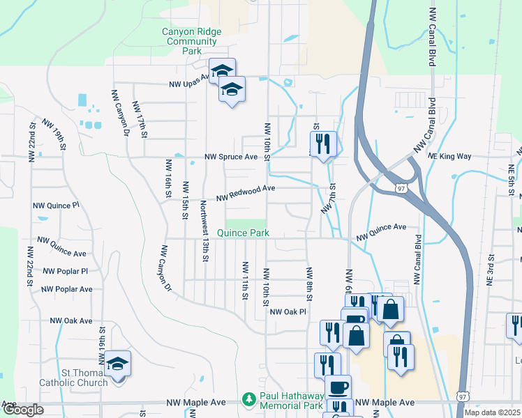 map of restaurants, bars, coffee shops, grocery stores, and more near 2515 Northwest 10th Street in Redmond