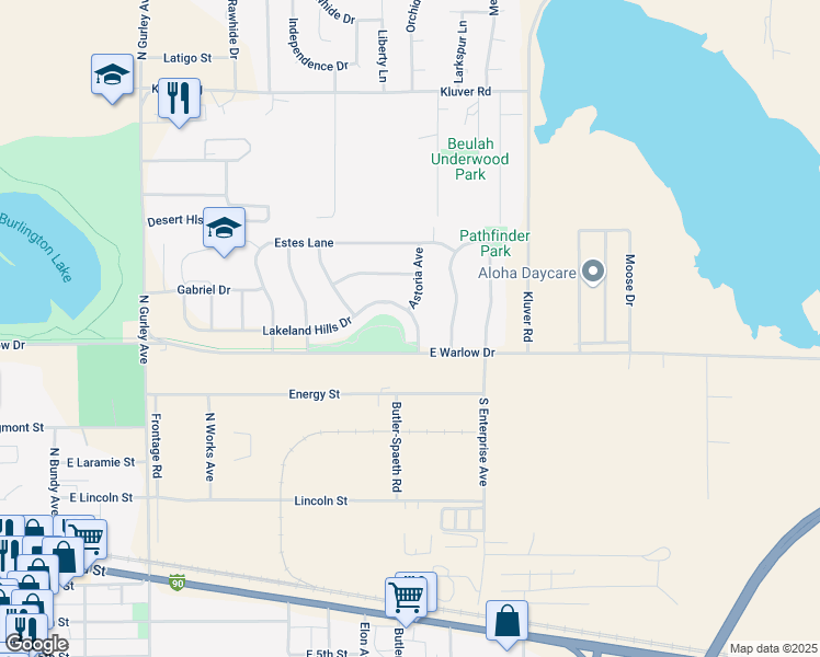 map of restaurants, bars, coffee shops, grocery stores, and more near 609 Lakeland Hills Drive in Gillette
