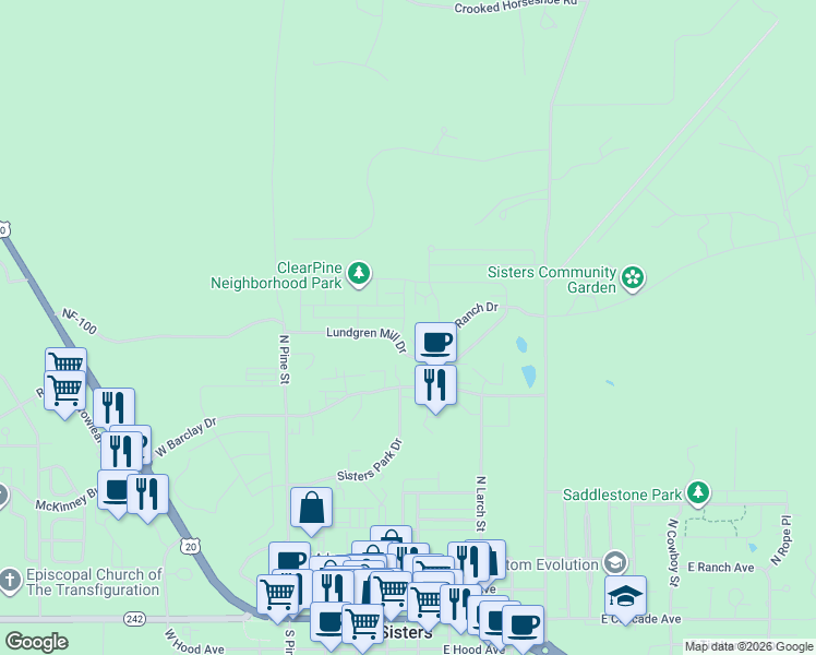 map of restaurants, bars, coffee shops, grocery stores, and more near 120 Lundgren Mill Drive in Sisters