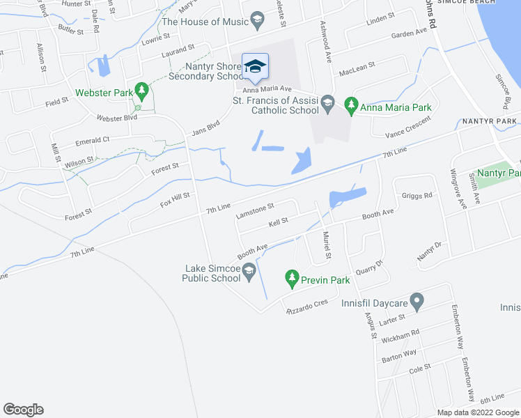 map of restaurants, bars, coffee shops, grocery stores, and more near Lamstone Street in Innisfil