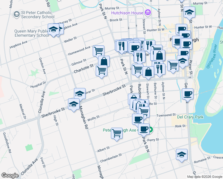 map of restaurants, bars, coffee shops, grocery stores, and more near 499 Sherbrooke Street in Peterborough