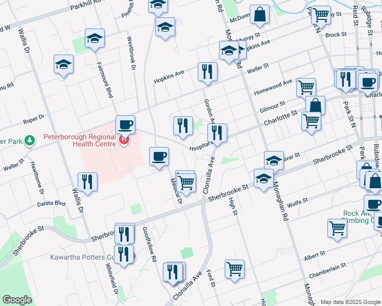 map of restaurants, bars, coffee shops, grocery stores, and more near 737 Victory Crescent in Peterborough