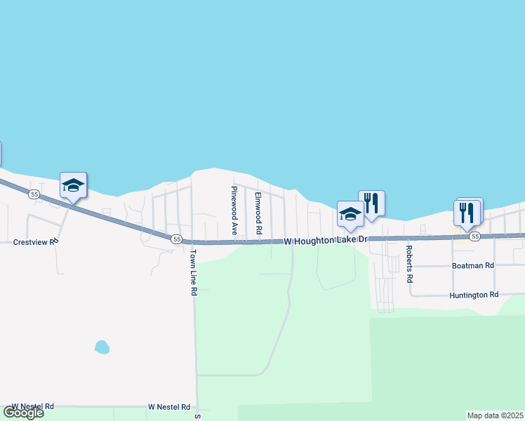 map of restaurants, bars, coffee shops, grocery stores, and more near 100-134 Twin Elm Avenue in Houghton Lake