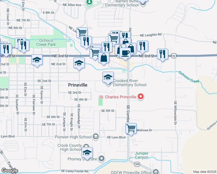 map of restaurants, bars, coffee shops, grocery stores, and more near 1400 Southeast 2nd Street in Prineville