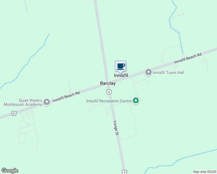 map of restaurants, bars, coffee shops, grocery stores, and more near 7361 Yonge Street in Innisfil