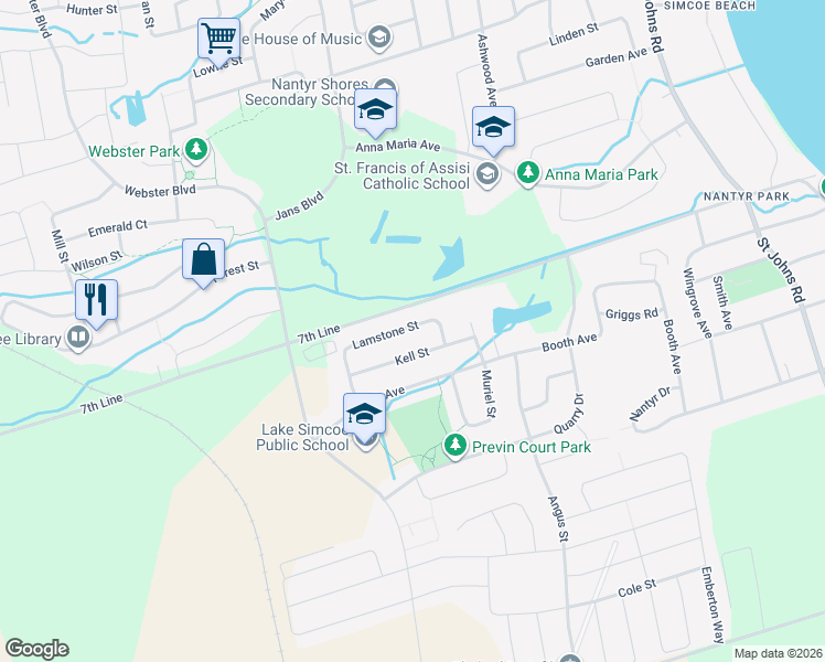 map of restaurants, bars, coffee shops, grocery stores, and more near 1845 Lamstone Street in Innisfil
