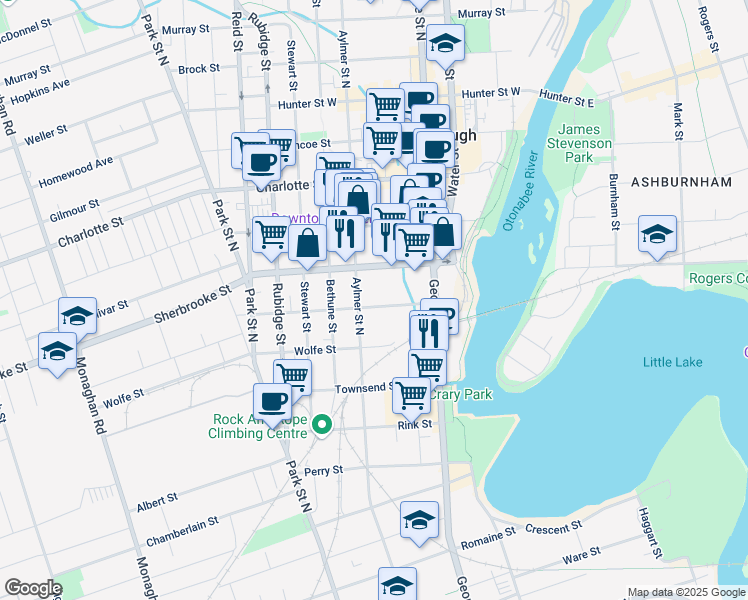 map of restaurants, bars, coffee shops, grocery stores, and more near 222 Dalhousie Street in Peterborough