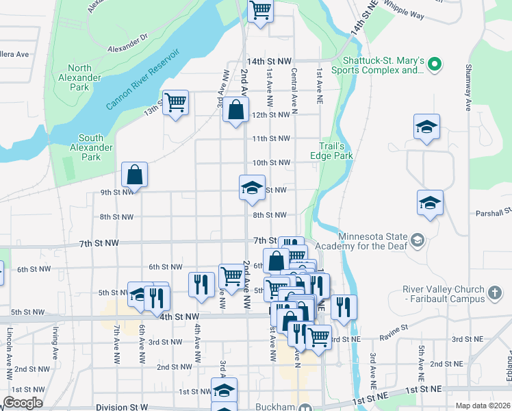 map of restaurants, bars, coffee shops, grocery stores, and more near 126 8th Street Northwest in Faribault