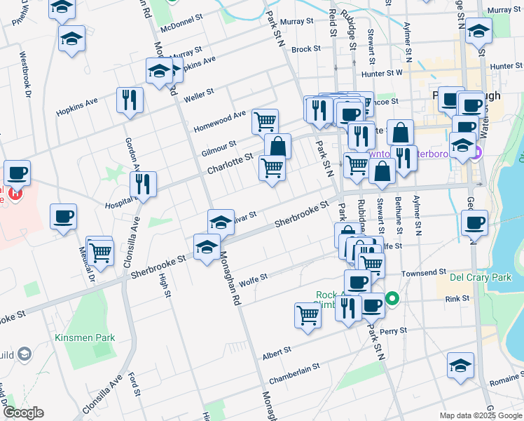 map of restaurants, bars, coffee shops, grocery stores, and more near Bolivar Street in Peterborough