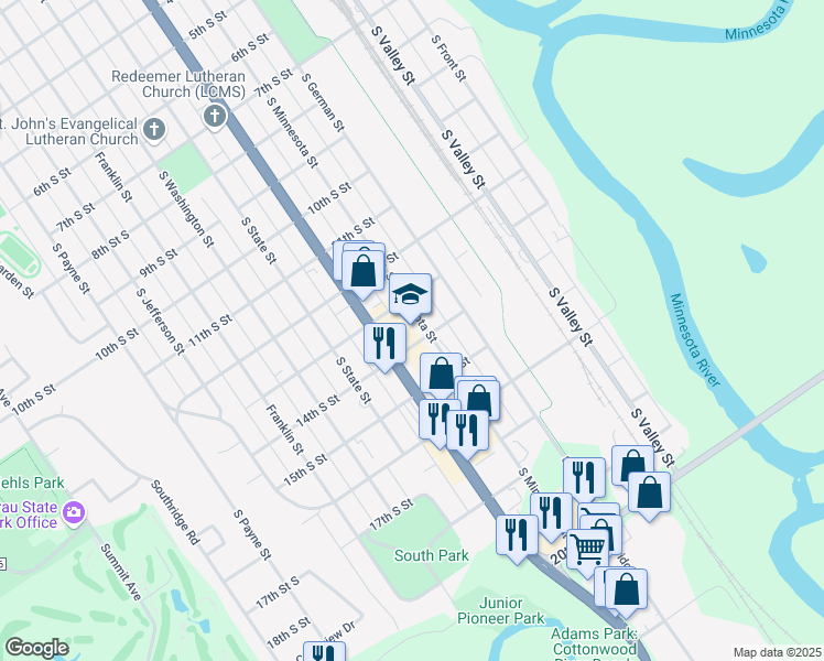 map of restaurants, bars, coffee shops, grocery stores, and more near 1315 South Broadway Street in New Ulm