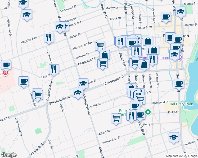 map of restaurants, bars, coffee shops, grocery stores, and more near Bolivar Street in Peterborough