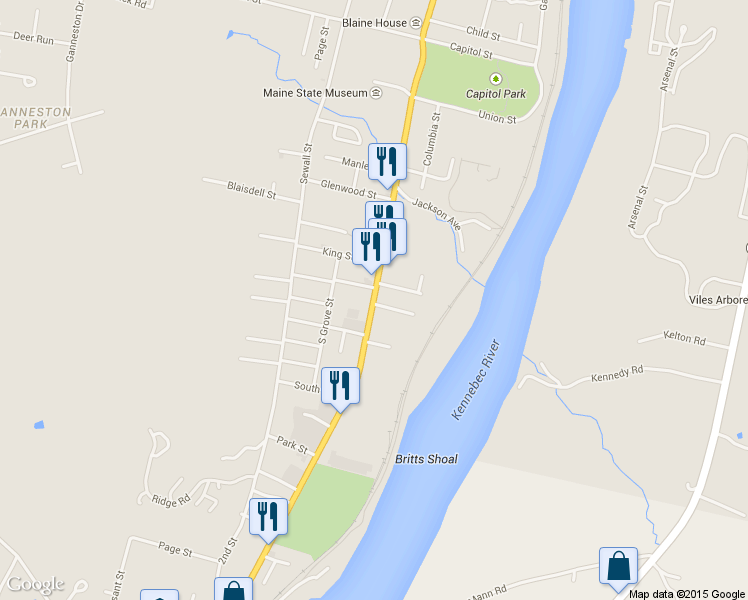 map of restaurants, bars, coffee shops, grocery stores, and more near 303 State Street in Augusta