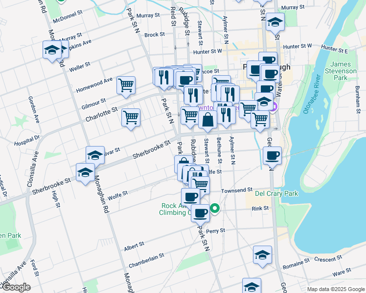 map of restaurants, bars, coffee shops, grocery stores, and more near in Peterborough