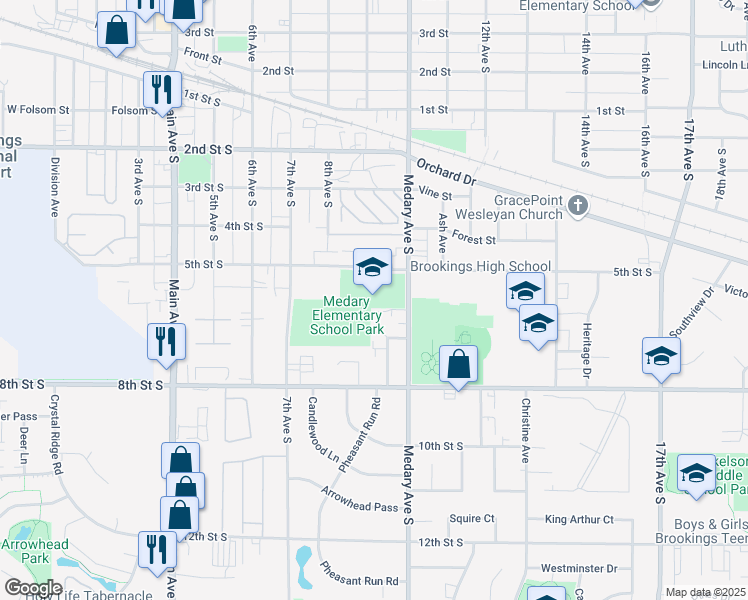 map of restaurants, bars, coffee shops, grocery stores, and more near 794 5th Street South in Brookings