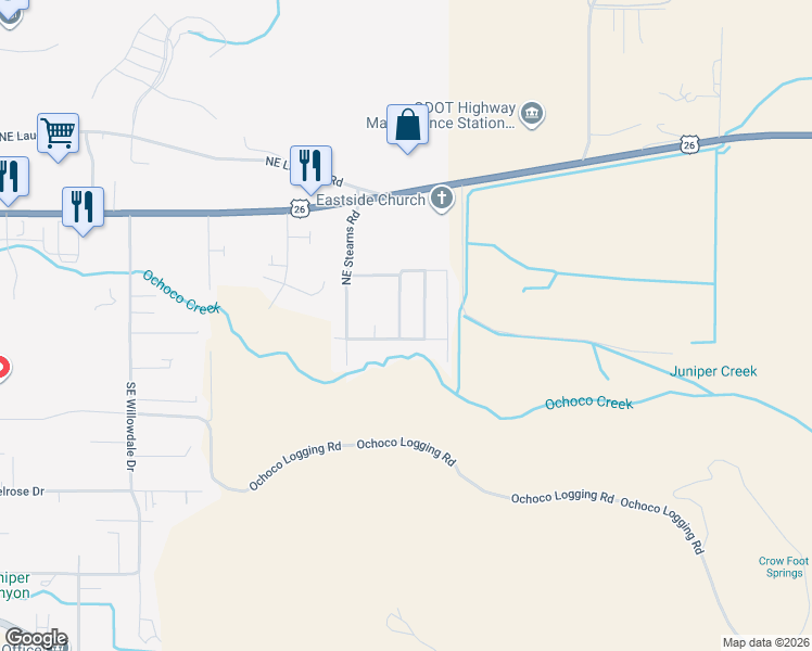 map of restaurants, bars, coffee shops, grocery stores, and more near 442 Southeast Pioneer Drive in Prineville