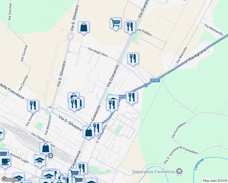 map of restaurants, bars, coffee shops, grocery stores, and more near 14 Via Borgo San Rocco in Faenza