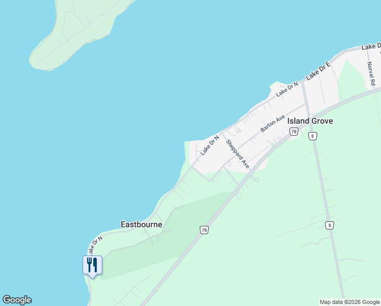 map of restaurants, bars, coffee shops, grocery stores, and more near 8 Sandy Cove Lane in Georgina