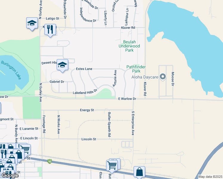 map of restaurants, bars, coffee shops, grocery stores, and more near 609 Lakeland Hills Drive in Gillette