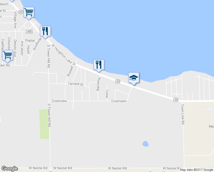 map of restaurants, bars, coffee shops, grocery stores, and more near Fisher in Roscommon Township