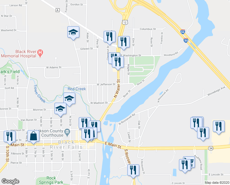 map of restaurants, bars, coffee shops, grocery stores, and more near 336 North Water Street in Black River Falls