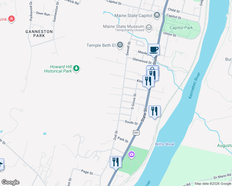 map of restaurants, bars, coffee shops, grocery stores, and more near 8 Hancock Street in Augusta