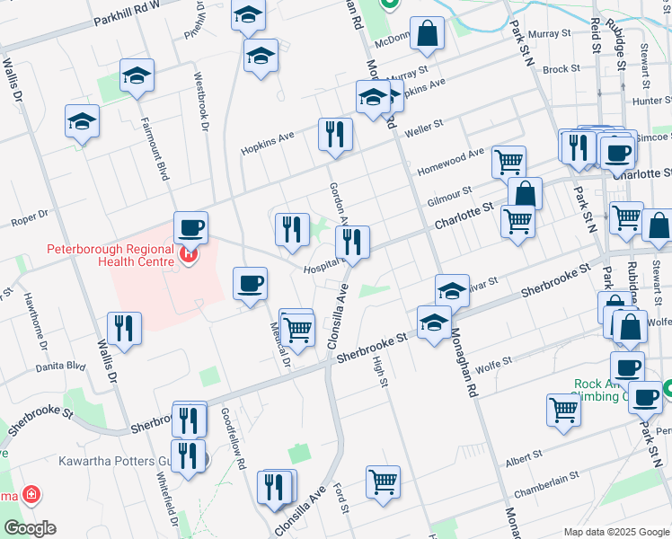 map of restaurants, bars, coffee shops, grocery stores, and more near 707 Charlotte Street in Peterborough