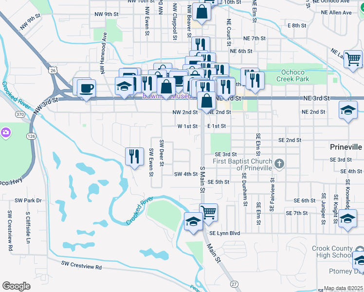 map of restaurants, bars, coffee shops, grocery stores, and more near 268 Southwest 2nd Street in Prineville