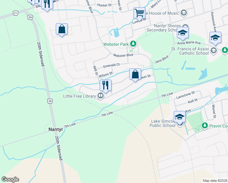 map of restaurants, bars, coffee shops, grocery stores, and more near 1324 Forest Street in Innisfil