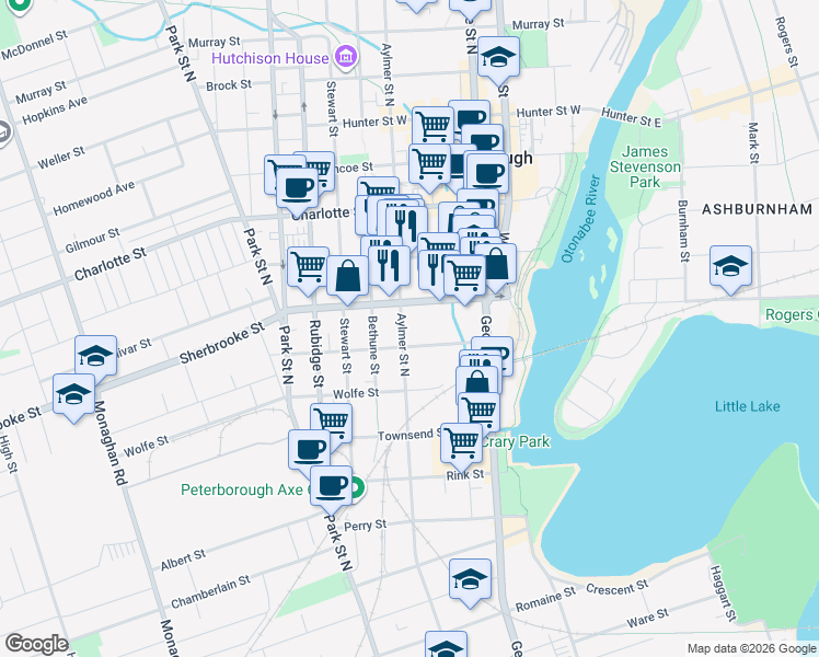 map of restaurants, bars, coffee shops, grocery stores, and more near 214 Aylmer Street North in Peterborough