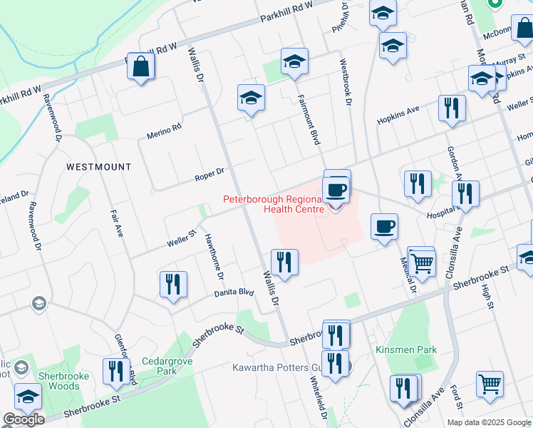 map of restaurants, bars, coffee shops, grocery stores, and more near 931 Weller Street in Peterborough