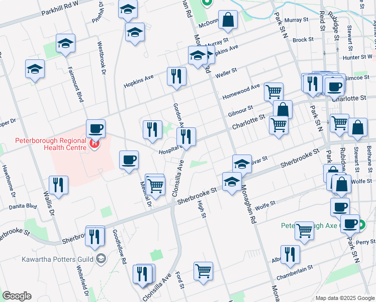 map of restaurants, bars, coffee shops, grocery stores, and more near 1314 Clonsilla Avenue in Peterborough