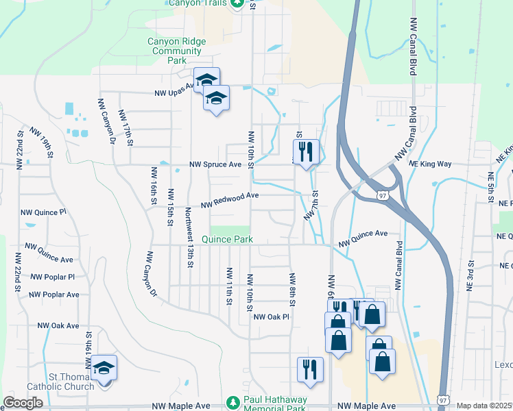 map of restaurants, bars, coffee shops, grocery stores, and more near 2515 Northwest 10th Street in Redmond