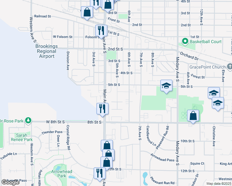 map of restaurants, bars, coffee shops, grocery stores, and more near 501-641 5th Ave S in Brookings