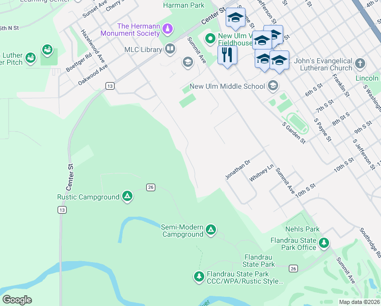 map of restaurants, bars, coffee shops, grocery stores, and more near 10 Indian Point Drive in New Ulm