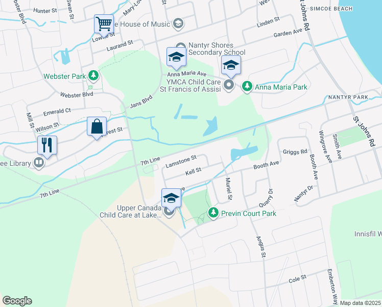 map of restaurants, bars, coffee shops, grocery stores, and more near 1846 Lamstone Street in Innisfil
