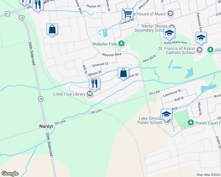 map of restaurants, bars, coffee shops, grocery stores, and more near Forest Street in Innisfil