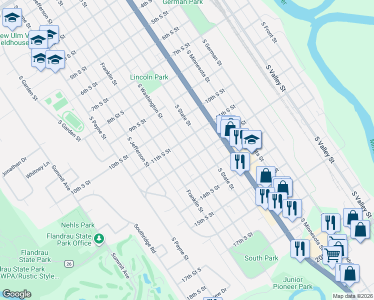 map of restaurants, bars, coffee shops, grocery stores, and more near 1125 South Washington Street in New Ulm