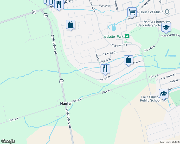 map of restaurants, bars, coffee shops, grocery stores, and more near 1438 Forest Street in Innisfil