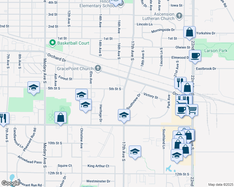 map of restaurants, bars, coffee shops, grocery stores, and more near 500-656 17th Avenue South in Brookings