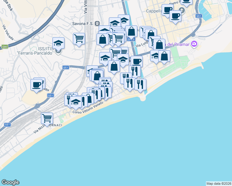 map of restaurants, bars, coffee shops, grocery stores, and more near 14 Corso Vittorio Veneto in Savona